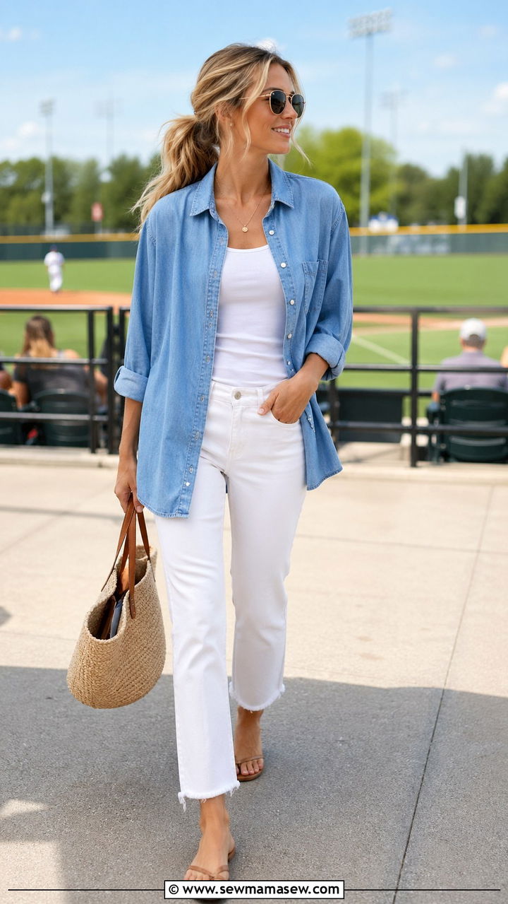 Oversized denim shirt with white jeans and flats - 30 Sports mom outfit ideas
