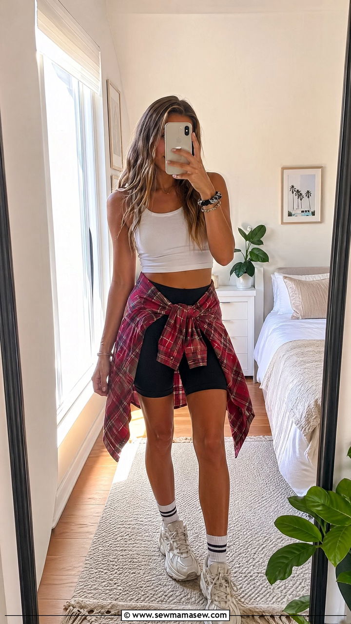 Oversized flannel tied at the waist with bike shorts - 35 casual school outfits