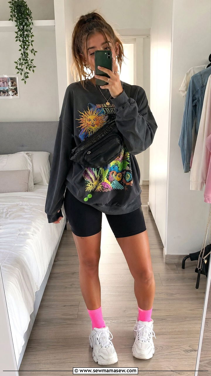 Oversized graphic sweatshirt with biker shorts and colorful crew socks - 35 Spring outfits for teenage girls