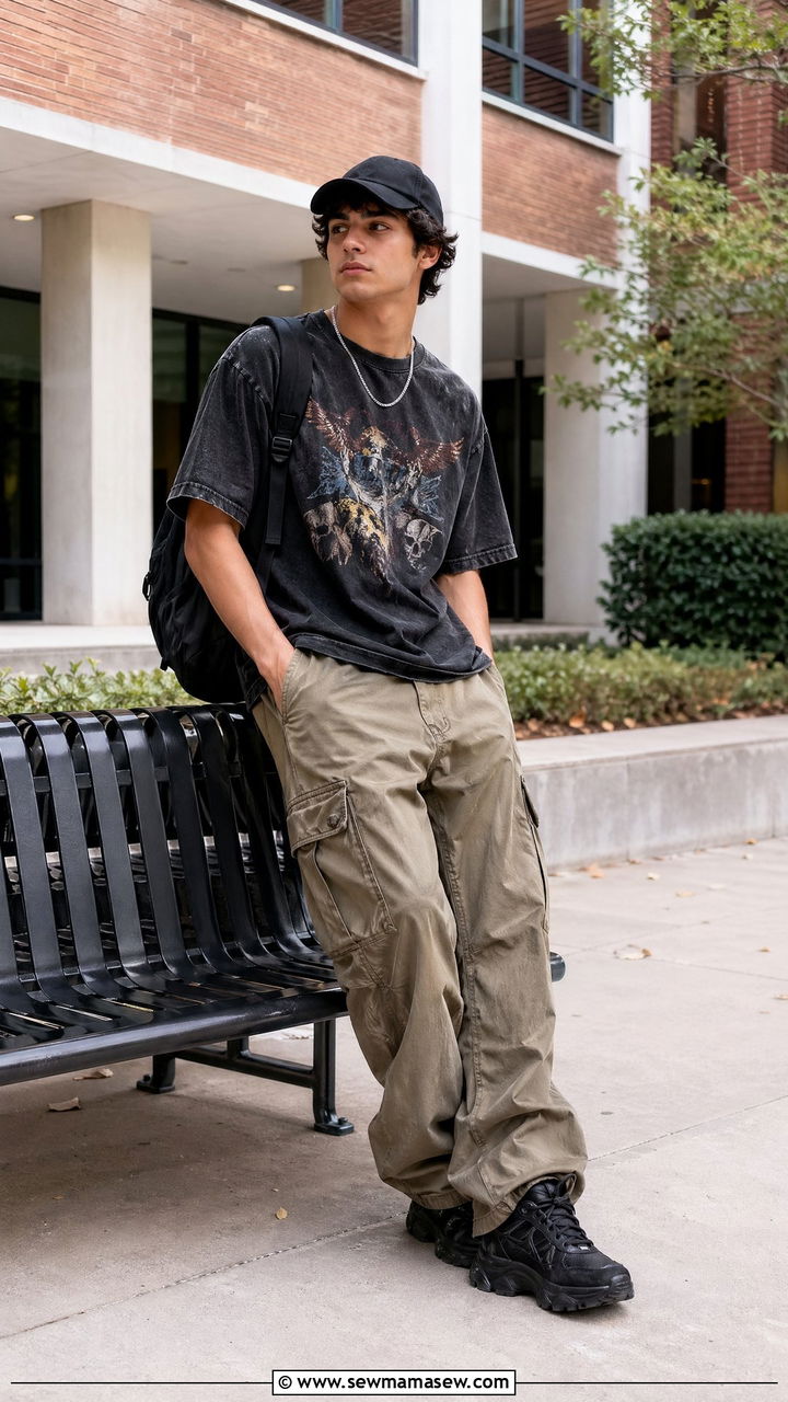 Oversized graphic tee and cargo pants outfit - 35 College campus outfit ideas