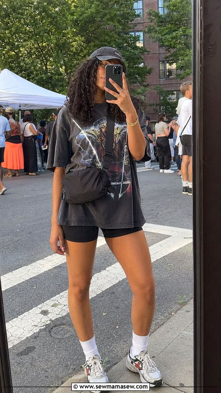 Oversized graphic tee with biker shorts - 30 Block party outfit ideas