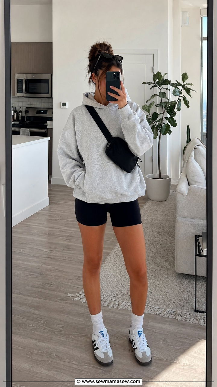 Oversized hoodie and bike shorts outfit - 35 Spring errands outfit ideas