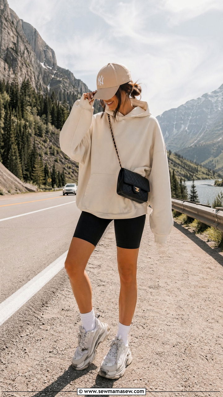 Oversized hoodie and biker shorts road trip outfit - 35 Travel day outfit ideas