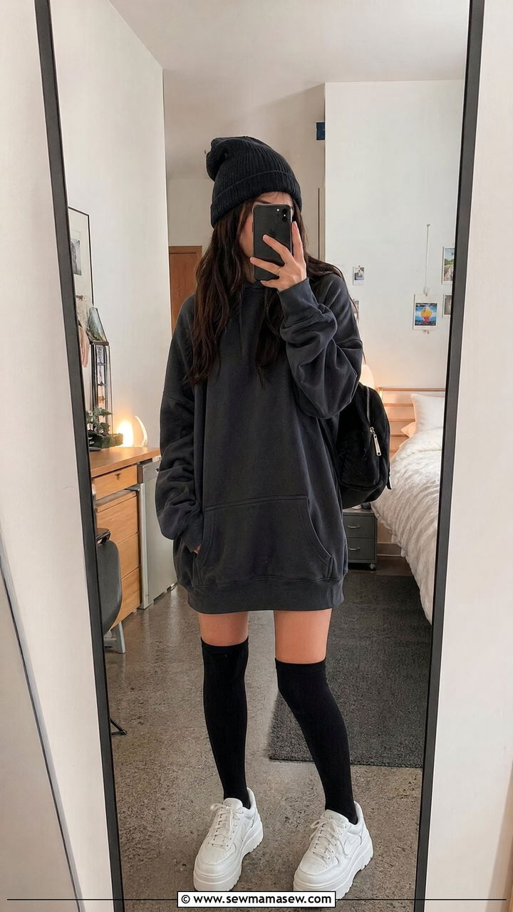 Oversized hoodie as a dress with thigh high socks and platform sneakers - 35 cute college outfits