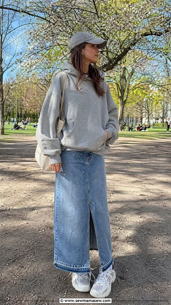 Oversized hoodie with a long denim skirt and chunky sneakers - 40 What to wear in Berlin