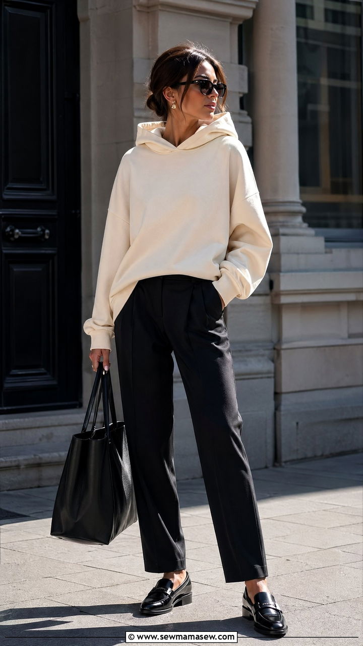 Oversized hoodie with tailored trousers outfit - 35 Sporty chic outfit ideas