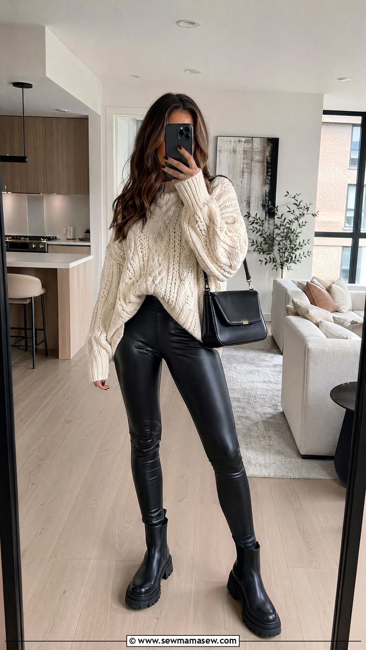 Oversized knit sweater and faux leather leggings - 35 Chic loungewear outfit ideas