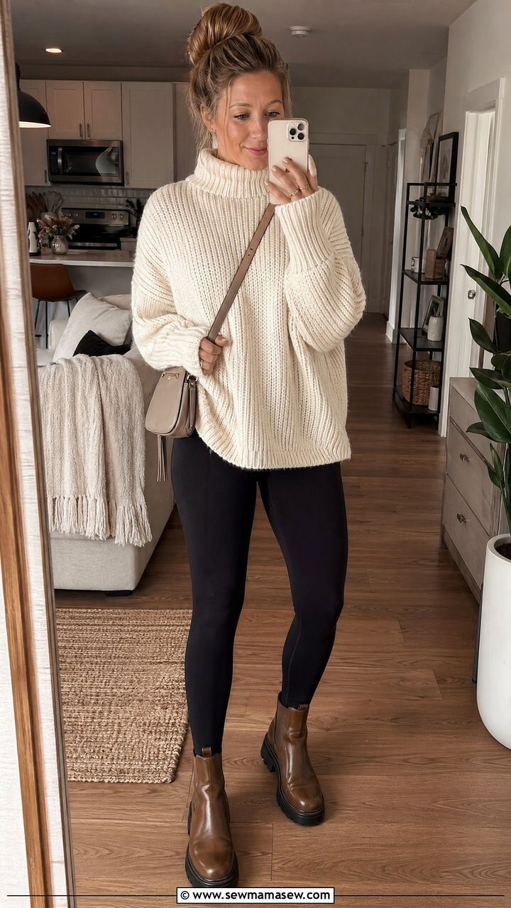 Oversized knit sweater leggings and neutral crossbody bag - 35 Crossbody bag outfit ideas