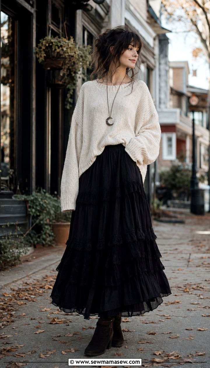 Oversized knit sweater with a tiered maxi skirt - 30 Whimsigoth outfit ideas