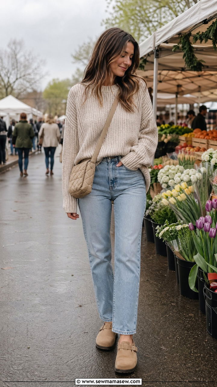 Oversized knit sweater with straight leg jeans and clogs spring farmers market outfit - 35 spring farmers market outfit ideas