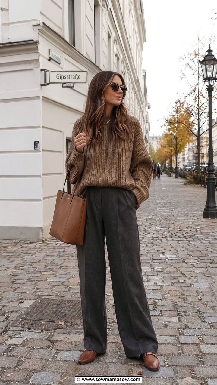 Oversized knit sweater with tailored wide leg trousers and loafers - 40 What to wear in Berlin