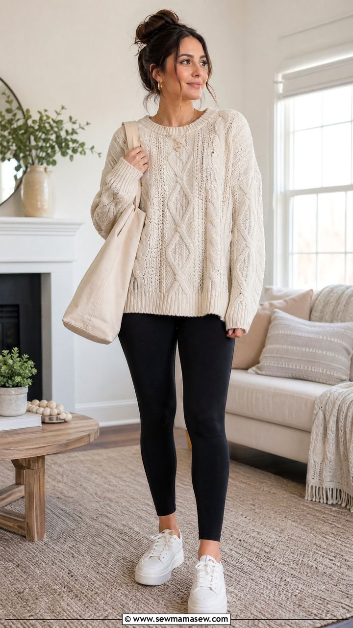 Oversized sweater and leggings outfit - 35 Comfy outfits for moms