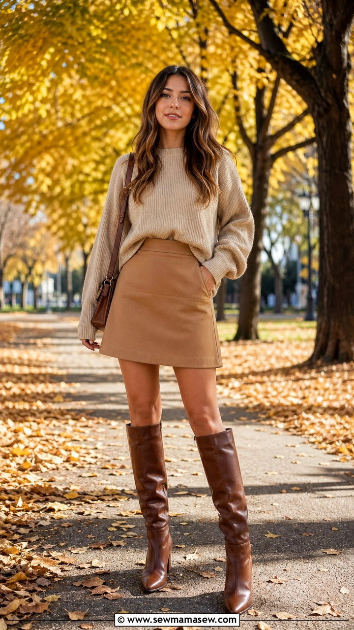Oversized sweater with A line skirt and knee high boots - 30 A line skirt outfit ideas