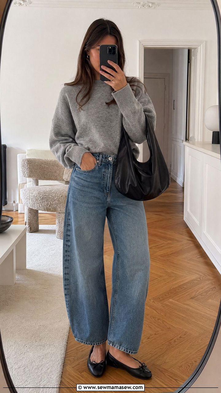 Oversized sweater with barrel leg jeans and ballet flats - 35 Sweater weather outfit ideas