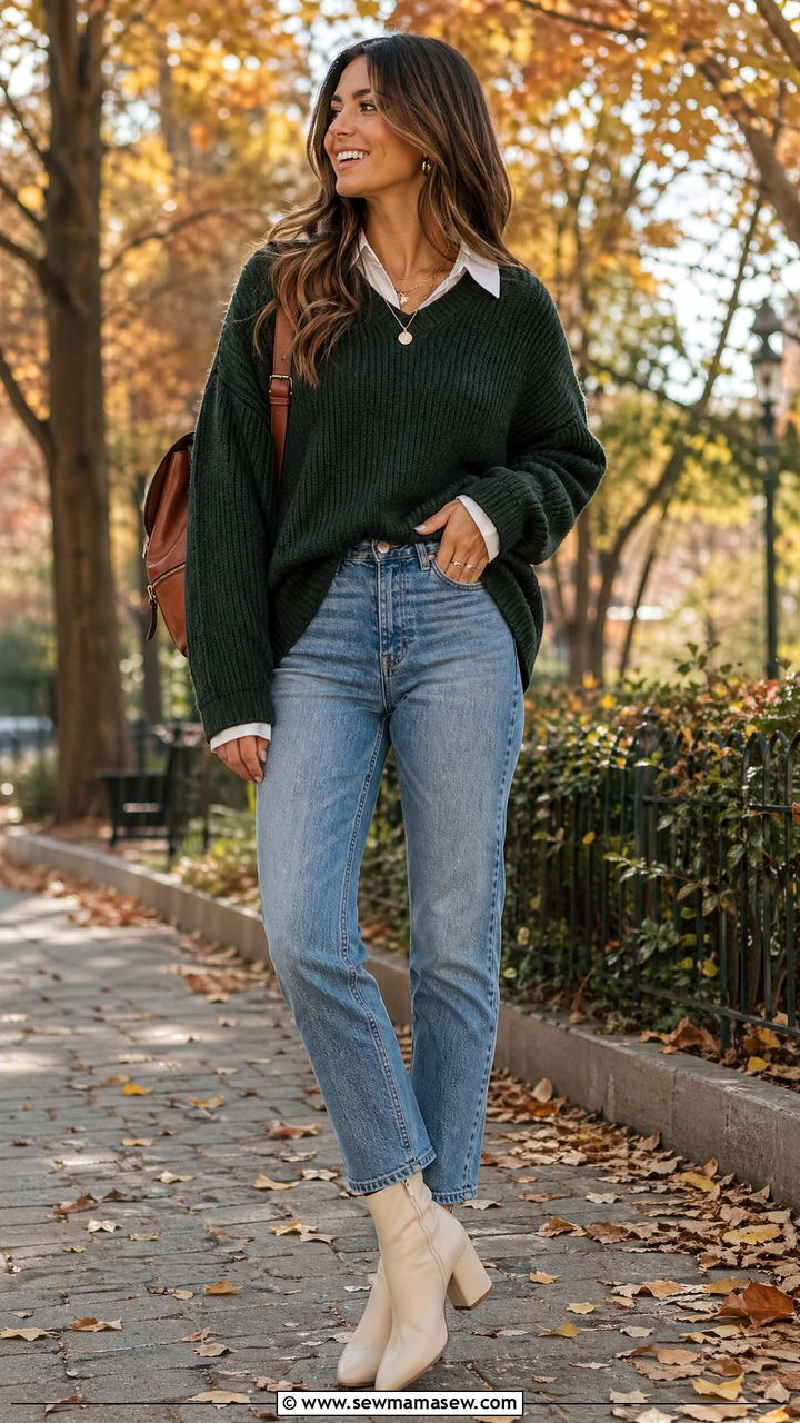 Oversized sweater with white collar and cream boots outfit - 35 cute school outfits
