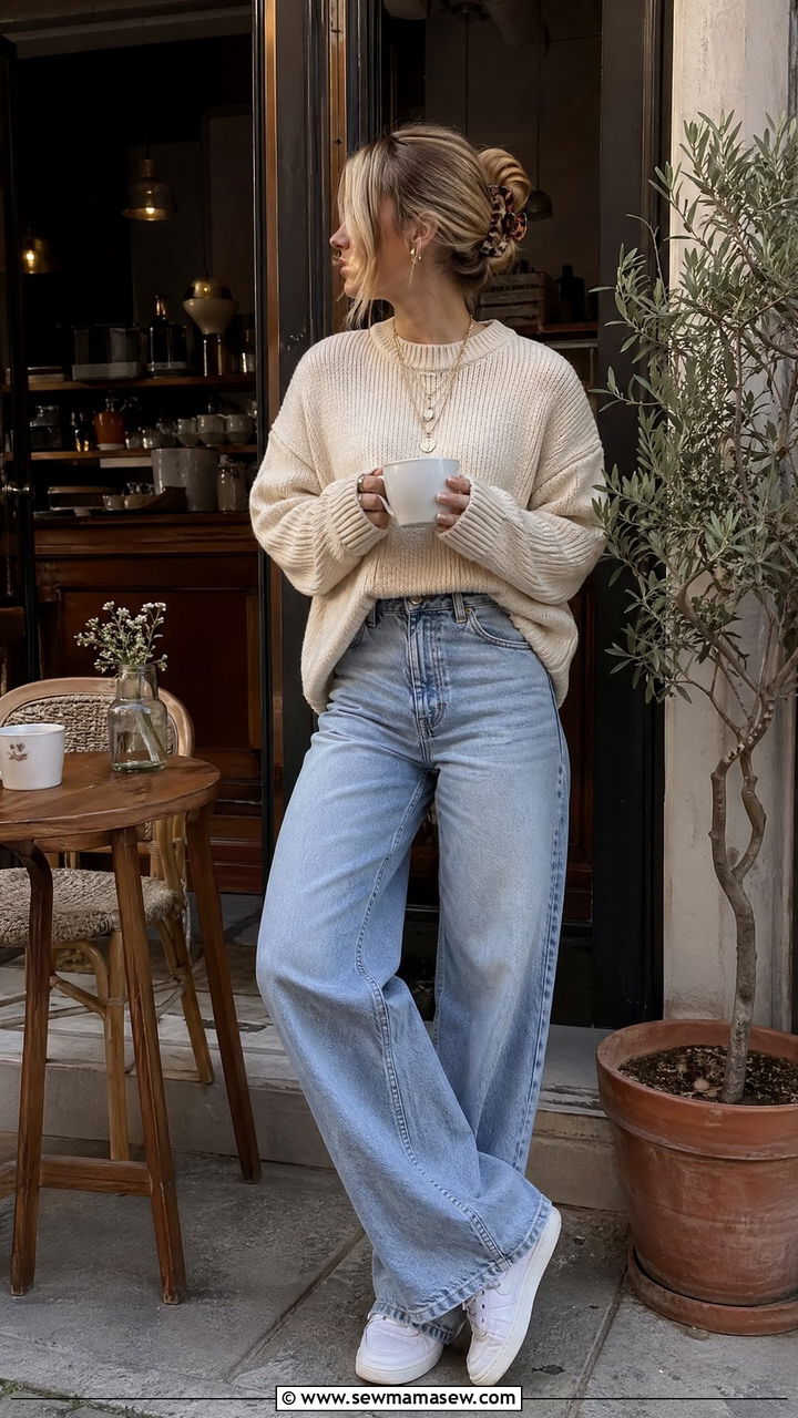 Oversized sweater with wide leg jeans outfit - 35 spring comfy outfit ideas