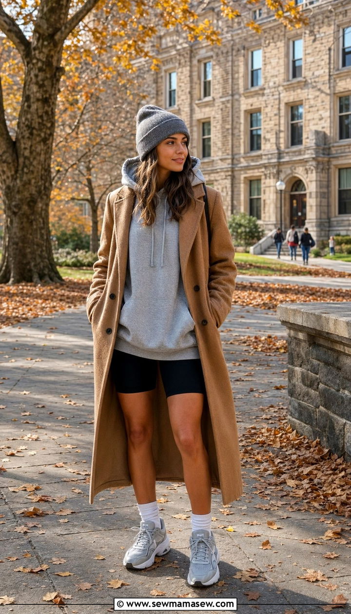 Oversized sweatshirt biker shorts and long coat - 30 Back to school outfit ideas for college 2026