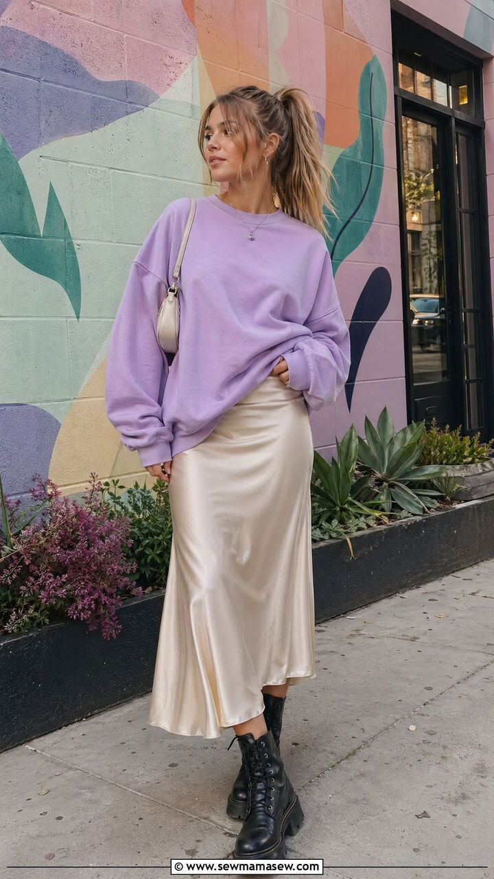 Oversized sweatshirt with a satin slip skirt and chunky boots - 35 Spring outfits for teenage girls