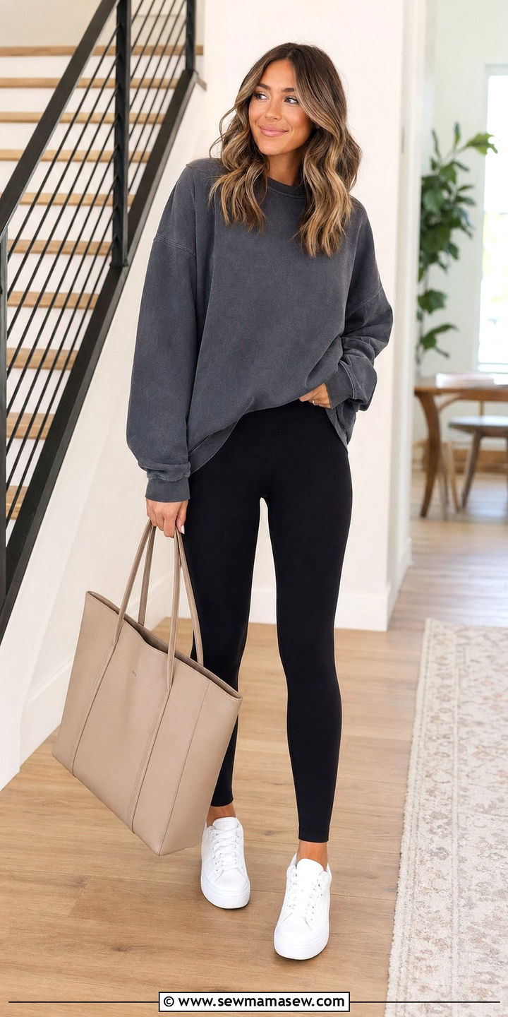 Oversized sweatshirt with leggings and sneakers outfit - 30 back to school outfits for women