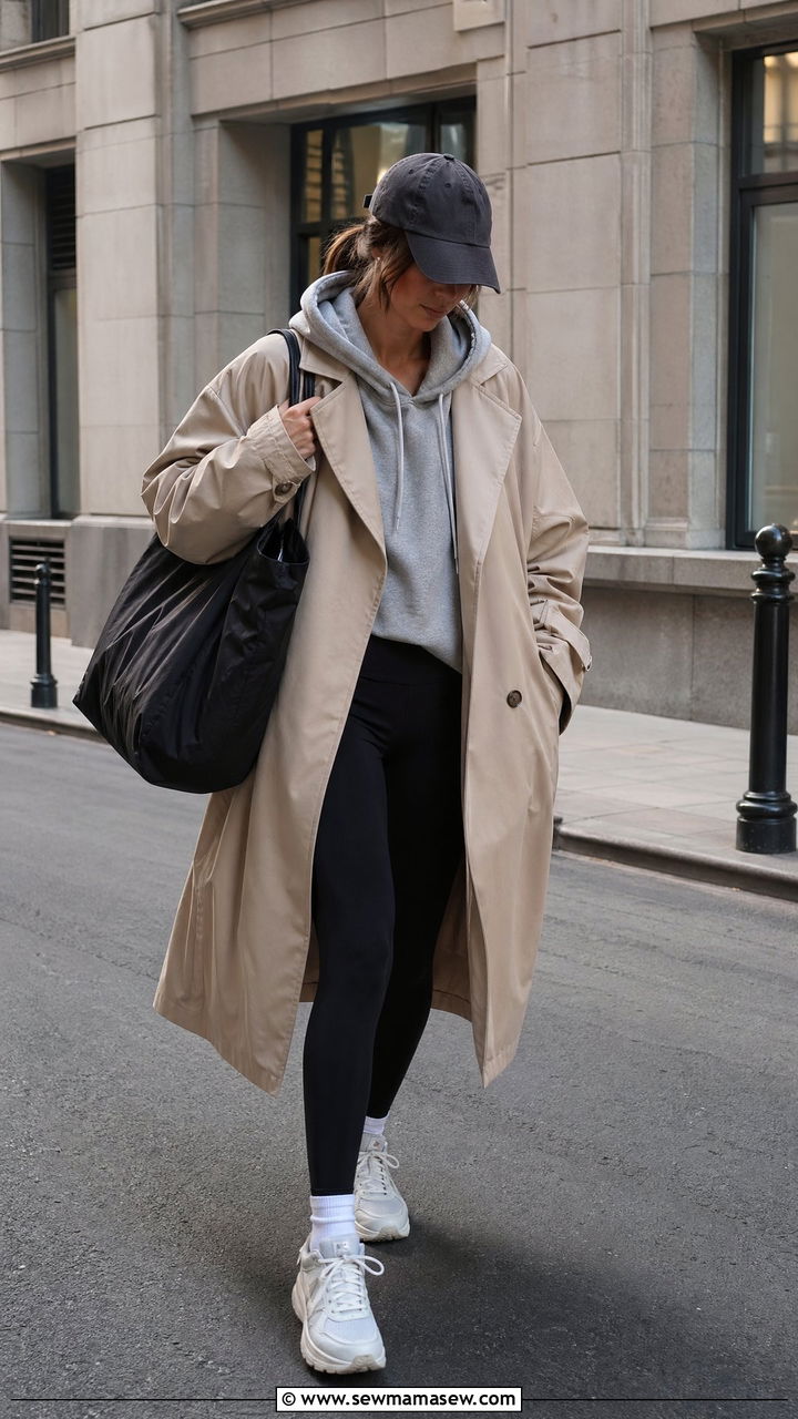Oversized trench coat with hoodie and leggings - 35 trench coat outfits ideas