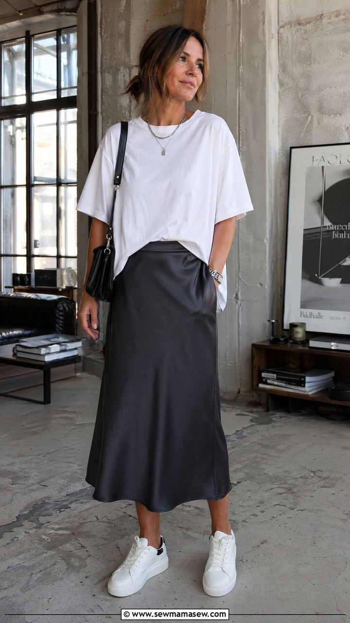 Oversized white tee and charcoal satin skirt outfit - 35 summer outfits for women over 30