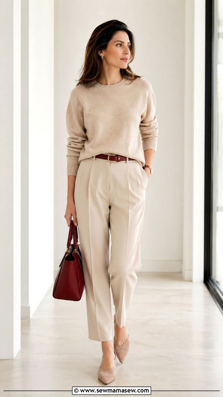 Oxblood belt and bag monochrome beige outfit - 40 All oxblood outfit ideas