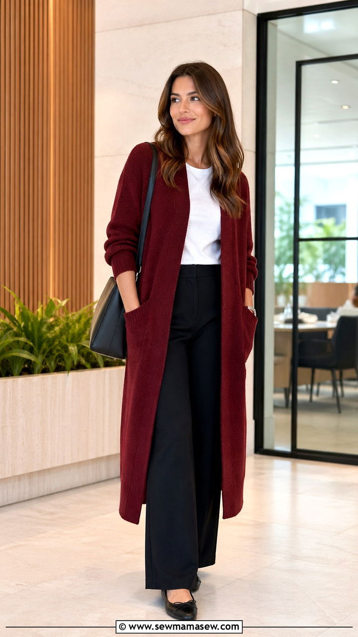 Oxblood cardigan white tee black trousers - 40 All oxblood outfit ideas