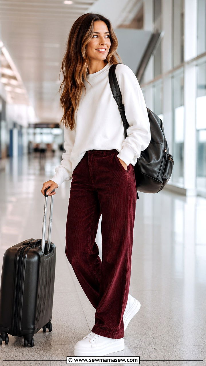 Oxblood corduroy pants white sweater sneakers - 40 All oxblood outfit ideas