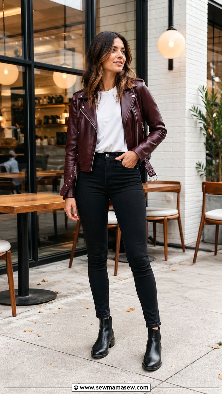 Oxblood leather jacket white tee black jeans - 40 All oxblood outfit ideas