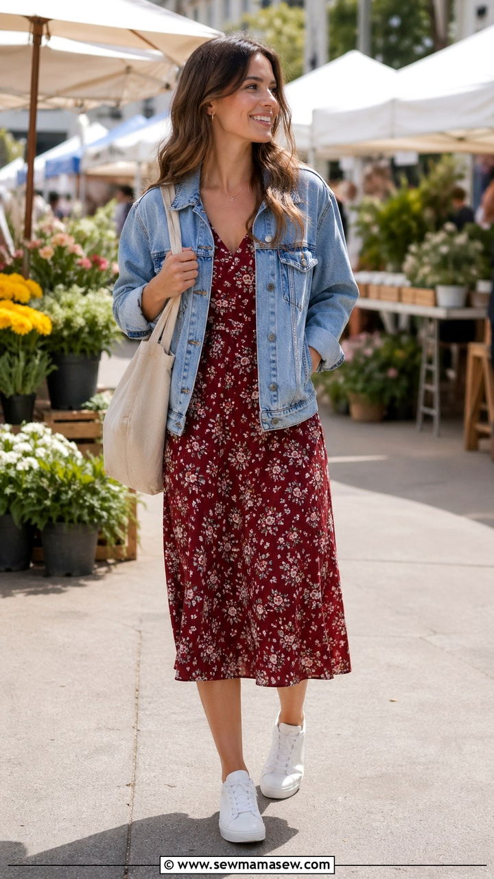Oxblood midi dress denim jacket white sneakers - 40 All oxblood outfit ideas