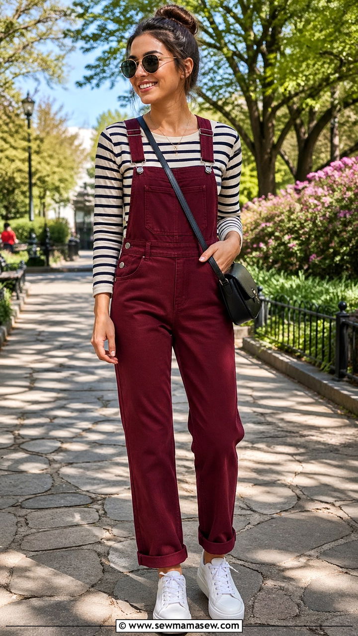 Oxblood overalls striped tee white sneakers - 40 All oxblood outfit ideas