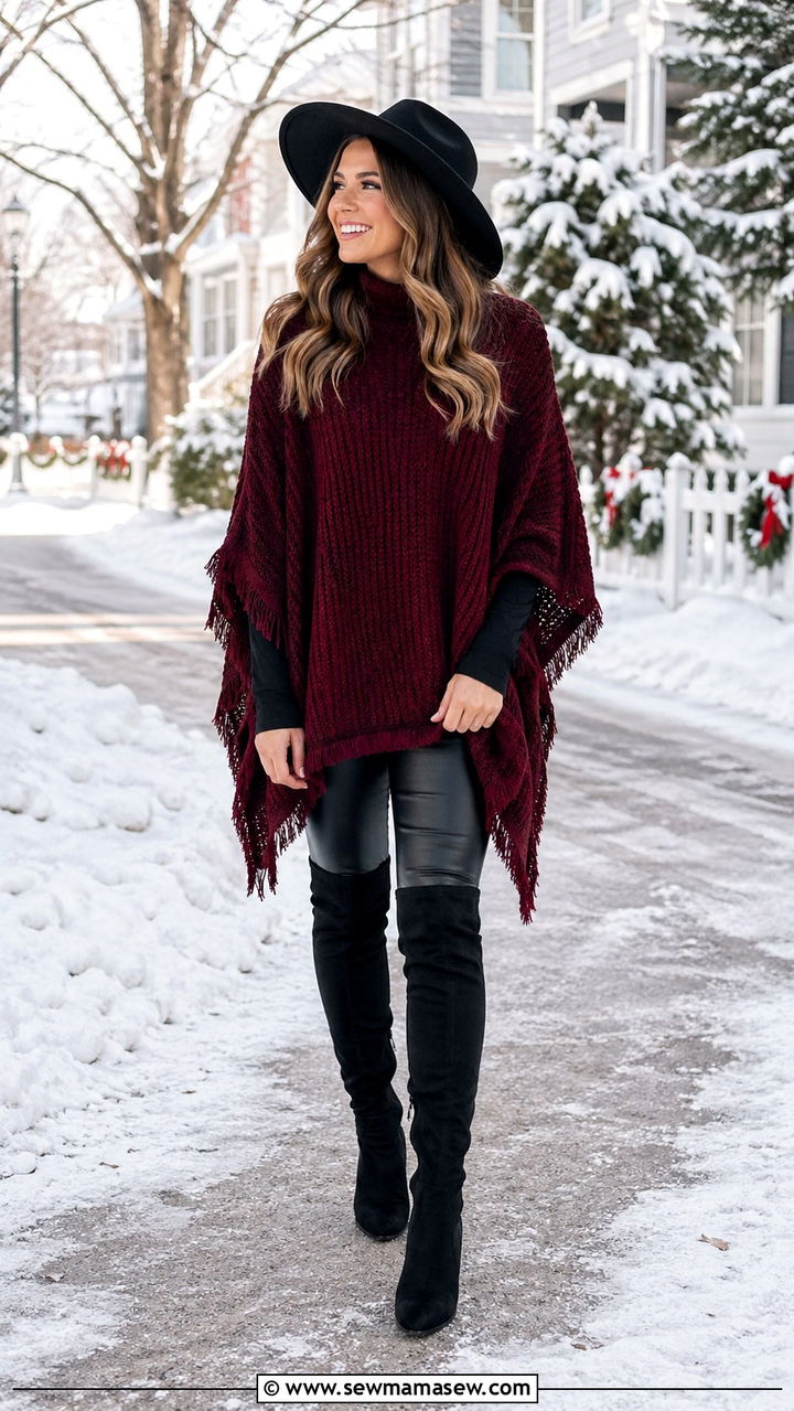 Oxblood poncho black leggings tall boots - 40 All oxblood outfit ideas