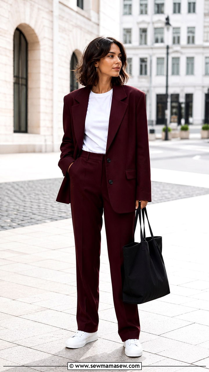 Oxblood suit white tee minimalist sneakers - 40 All oxblood outfit ideas