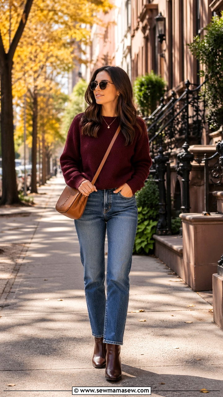 Oxblood sweater blue jeans ankle boots - 40 All oxblood outfit ideas