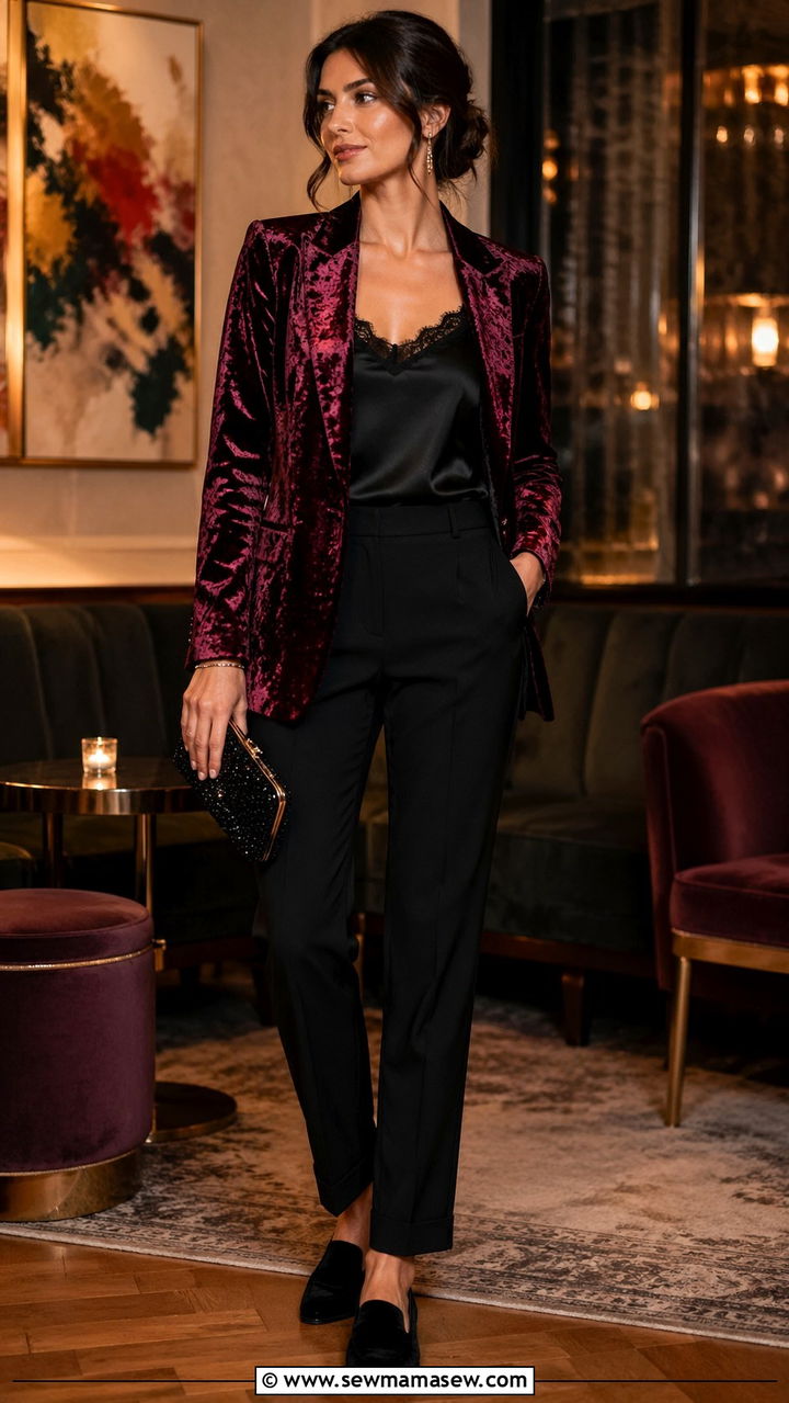 Oxblood velvet blazer silk camisole black trousers - 40 All oxblood outfit ideas