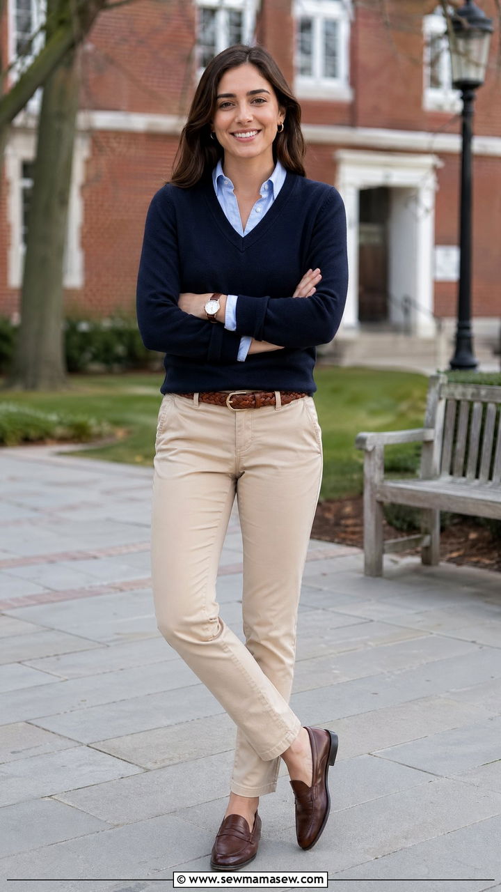 Oxford Shirt Under V Neck Sweater and Chinos - 35 transitional old money outfit ideas