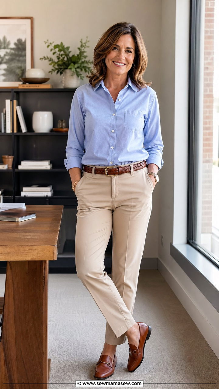 Oxford shirt with beige chinos - 35 Classy outfits for women over 40