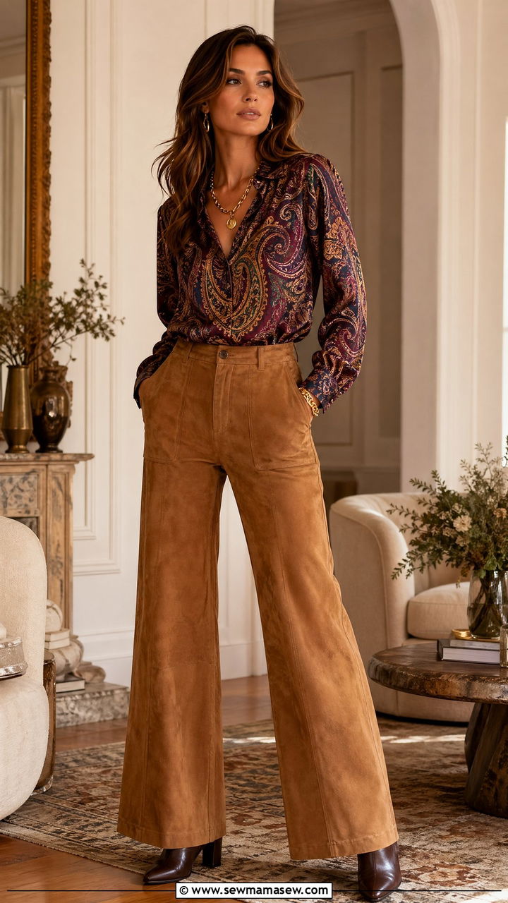 Paisley Blouse with Suede Trousers and Stacked Heel Boots - 35 Western chic outfit ideas