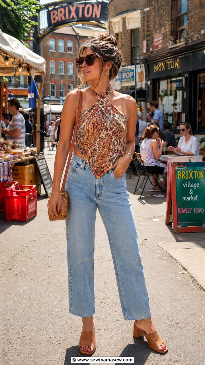 Paisley Halter Scarf Top With High Waisted Jeans - 35 Summer London outfit ideas