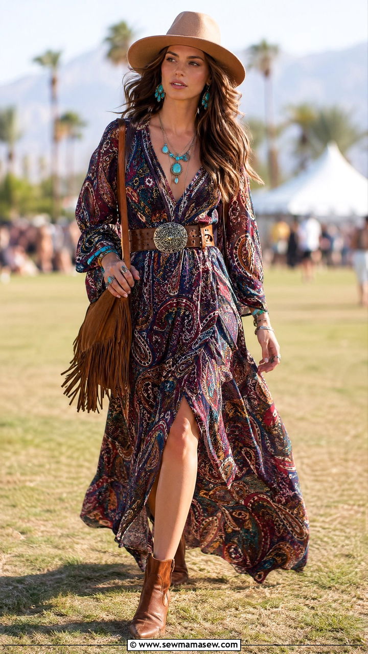 Paisley Maxi Dress with Western Ankle Boots - 35 spring boho chic outfits