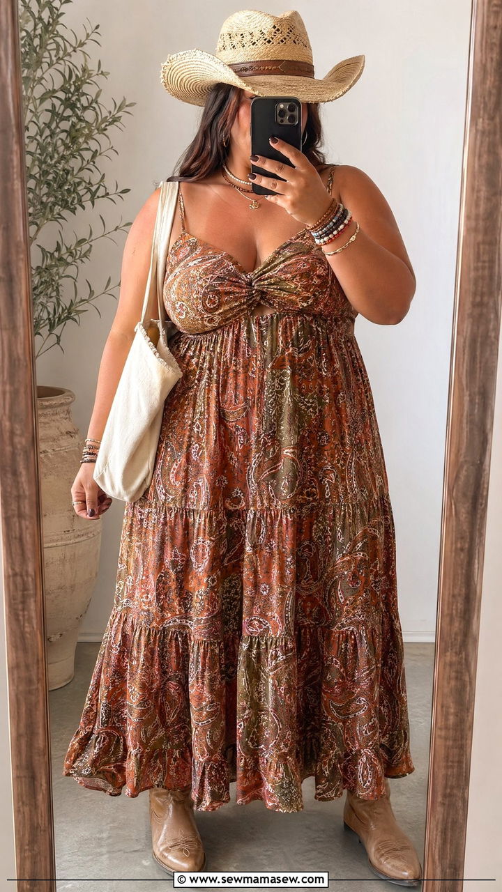 Paisley Print Maxi Dress With Straw Cowboy Hat - 35 western outfit ideas for women