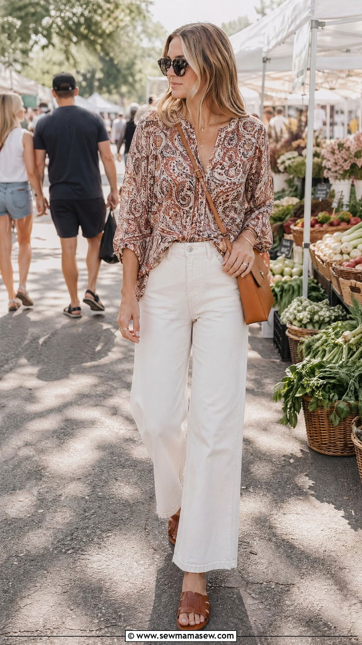 Paisley Tunic With White Jeans - 35 spring boho chic outfit ideas