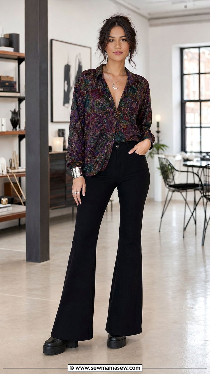 Paisley button down shirt with black flare pants - 30 Whimsigoth outfit ideas