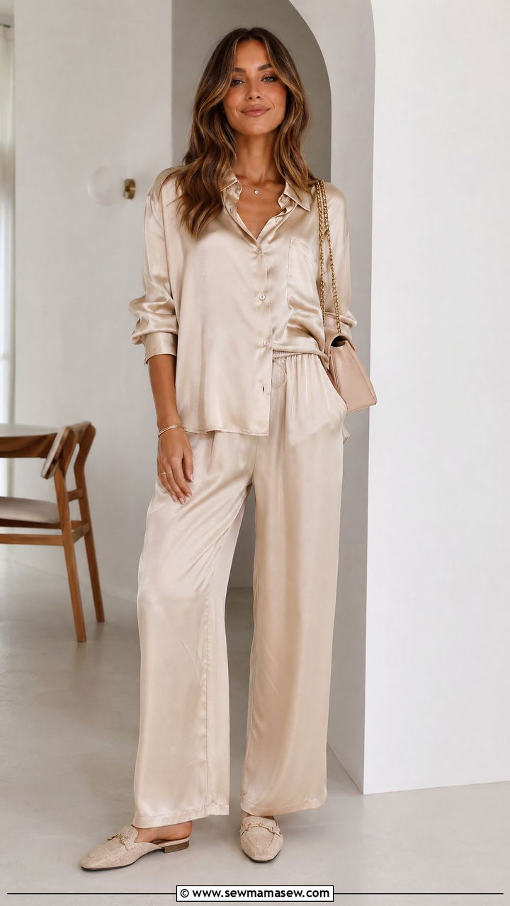Pajama Inspired Silky Set With Mules - 35 comfy outfit ideas for women