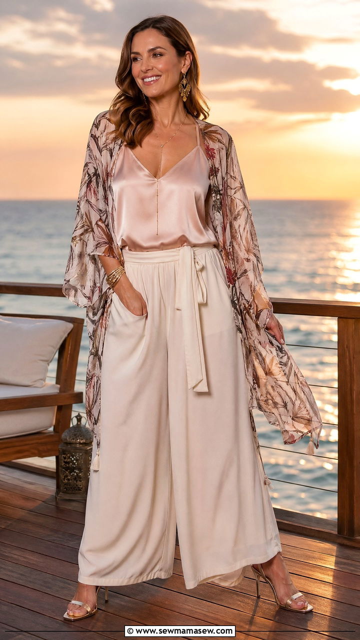 Palazzo Pants With Cami And Sheer Kimono - 35 Cruise outfit ideas