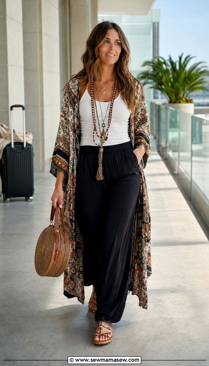Palazzo Pants With Fitted Tank And Kimono Wrap - 30 Airport outfit ideas long haul flight
