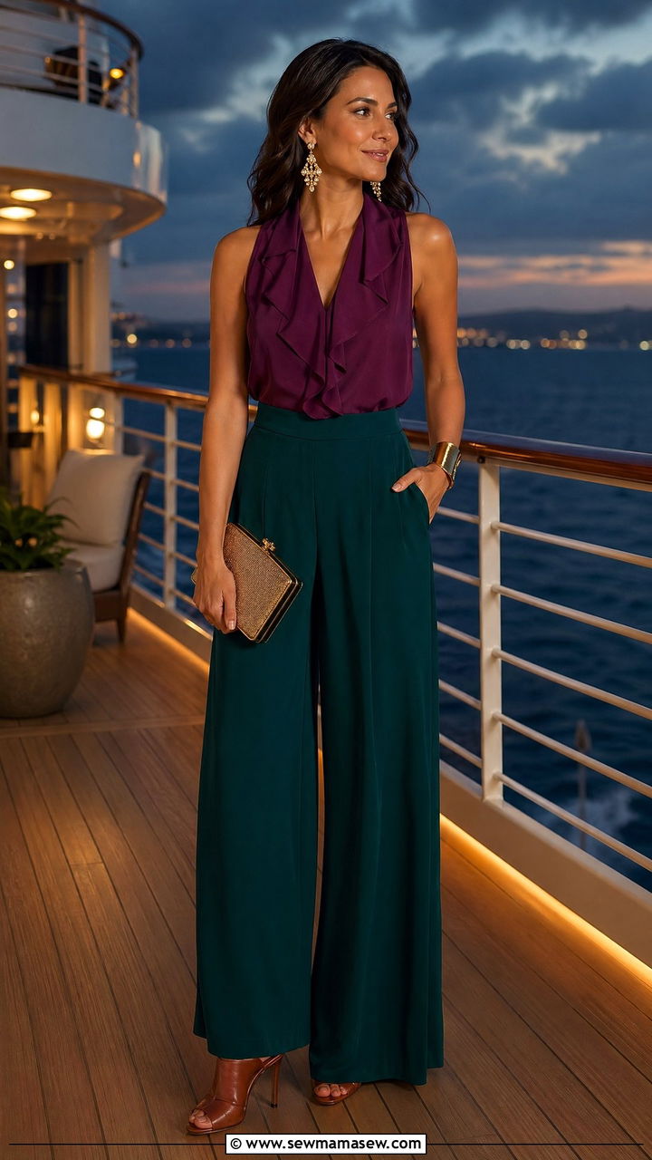 Palazzo Pants With Ruffled Blouse Vacation Outfit - 35 vacation outfits ideas