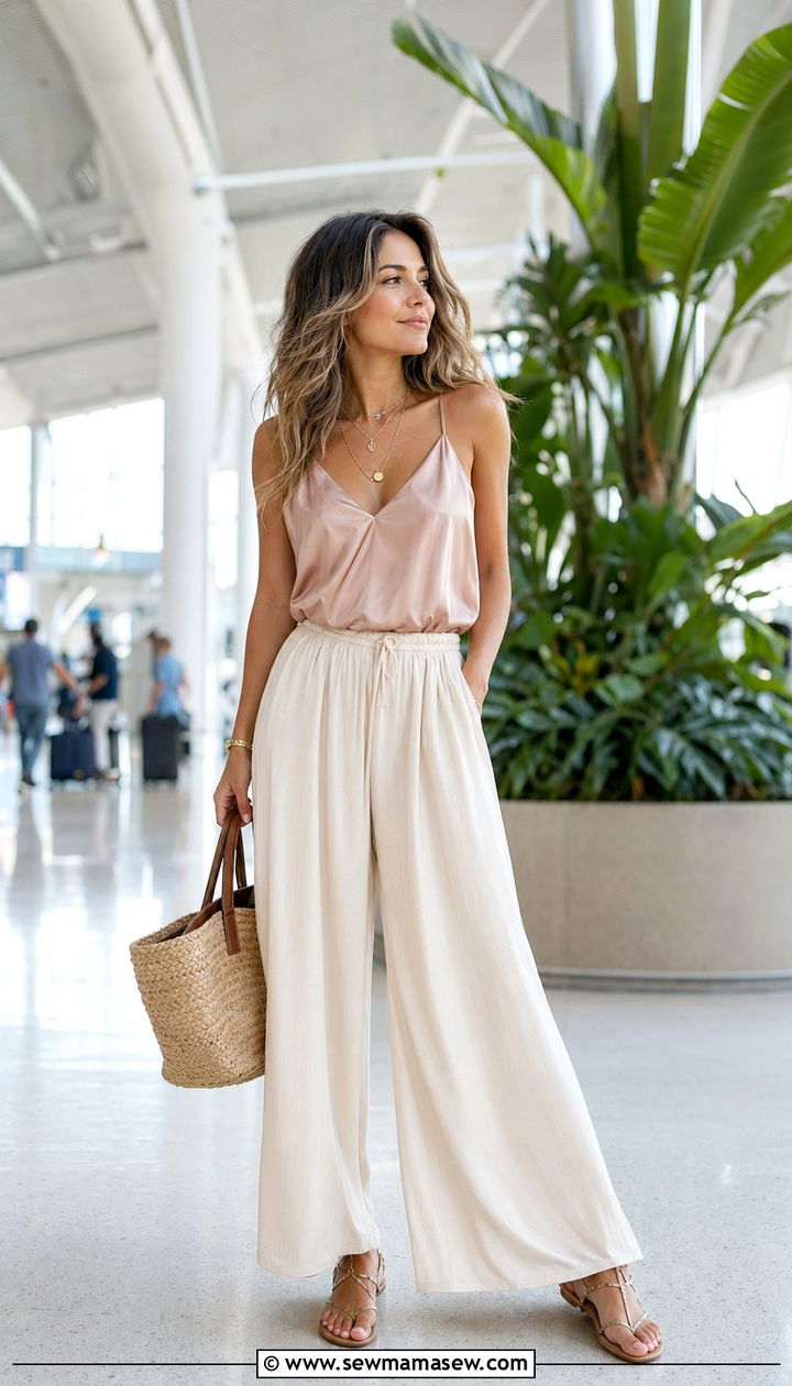 Palazzo Pants and Camisole Top Airport Outfit - 30 Airport outfit ideas warm weather destination