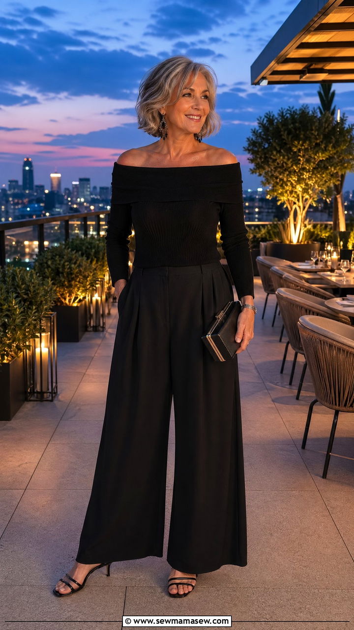 Palazzo Pants and an Off Shoulder Top For Dinner - 35 Vacation outfit ideas for women over 60