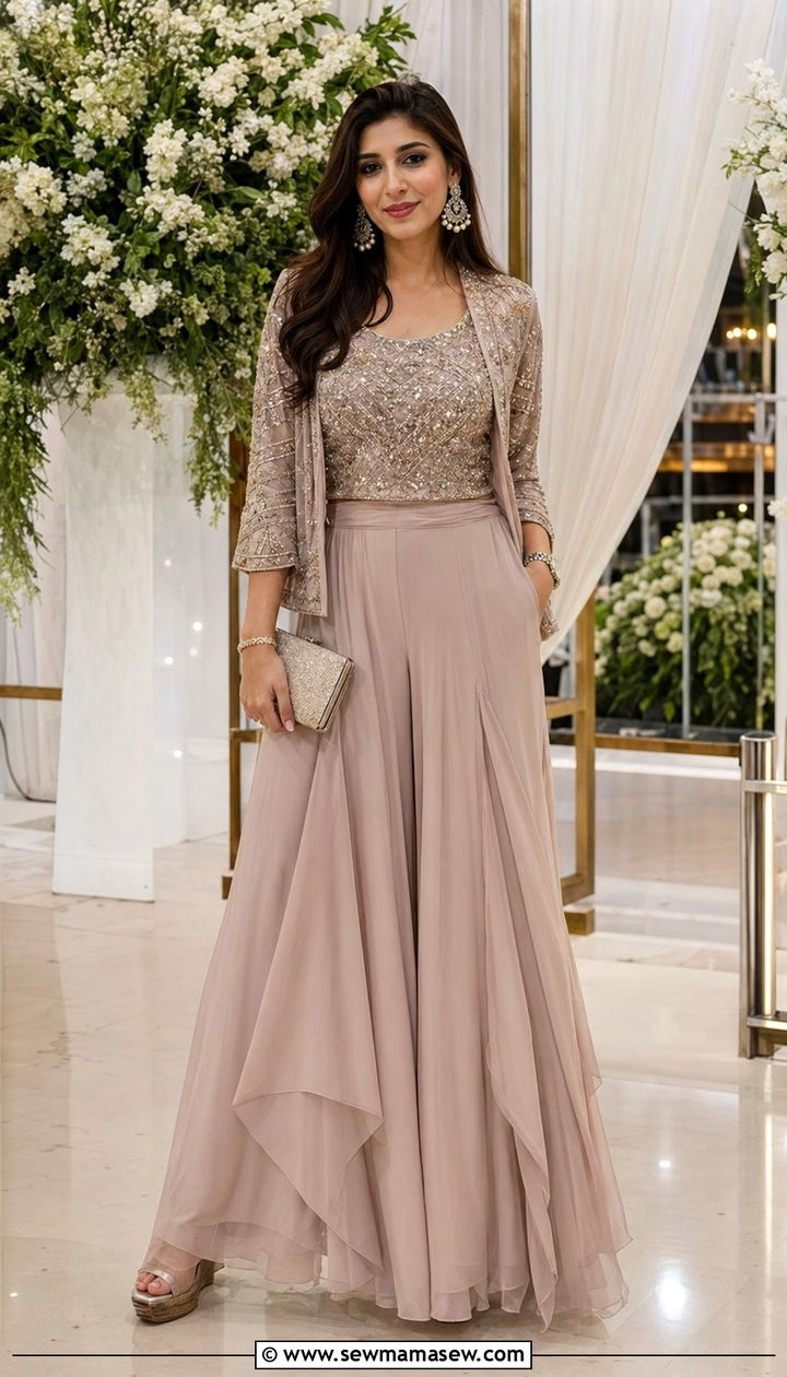 Palazzo Pants with Embellished Top - 30 Wedding guest outfits for rainy weather